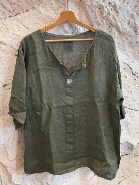 Leinenbluse mit 3/4-Arm und V-Ausschnitt