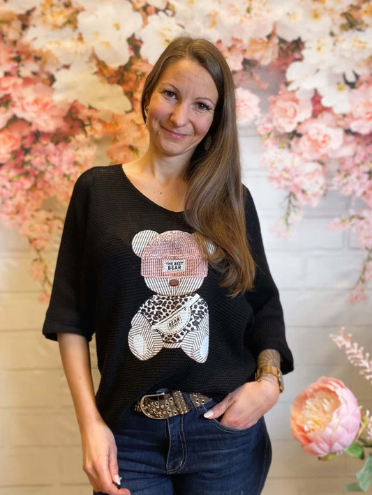 Kurzarm Strick-Pullover mit Bärmotiv