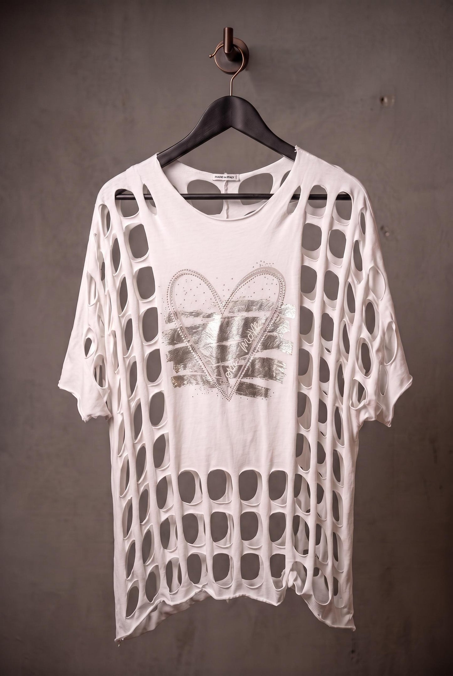 Trendiges oversized Netzshirt mit Herzmotiv - Weiß