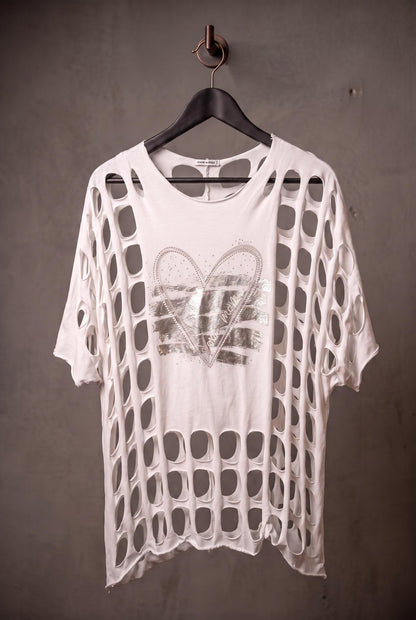 Trendiges oversized Netzshirt mit Herzmotiv - Weiß