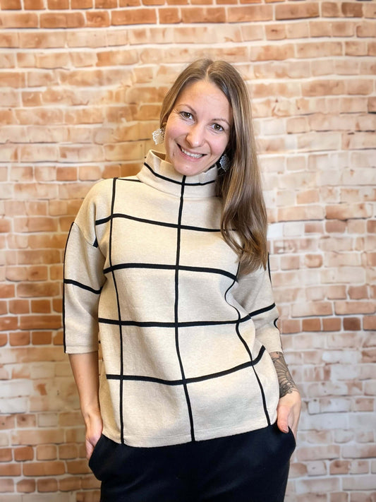 Karierter Stehkragenpullover - kurzarm