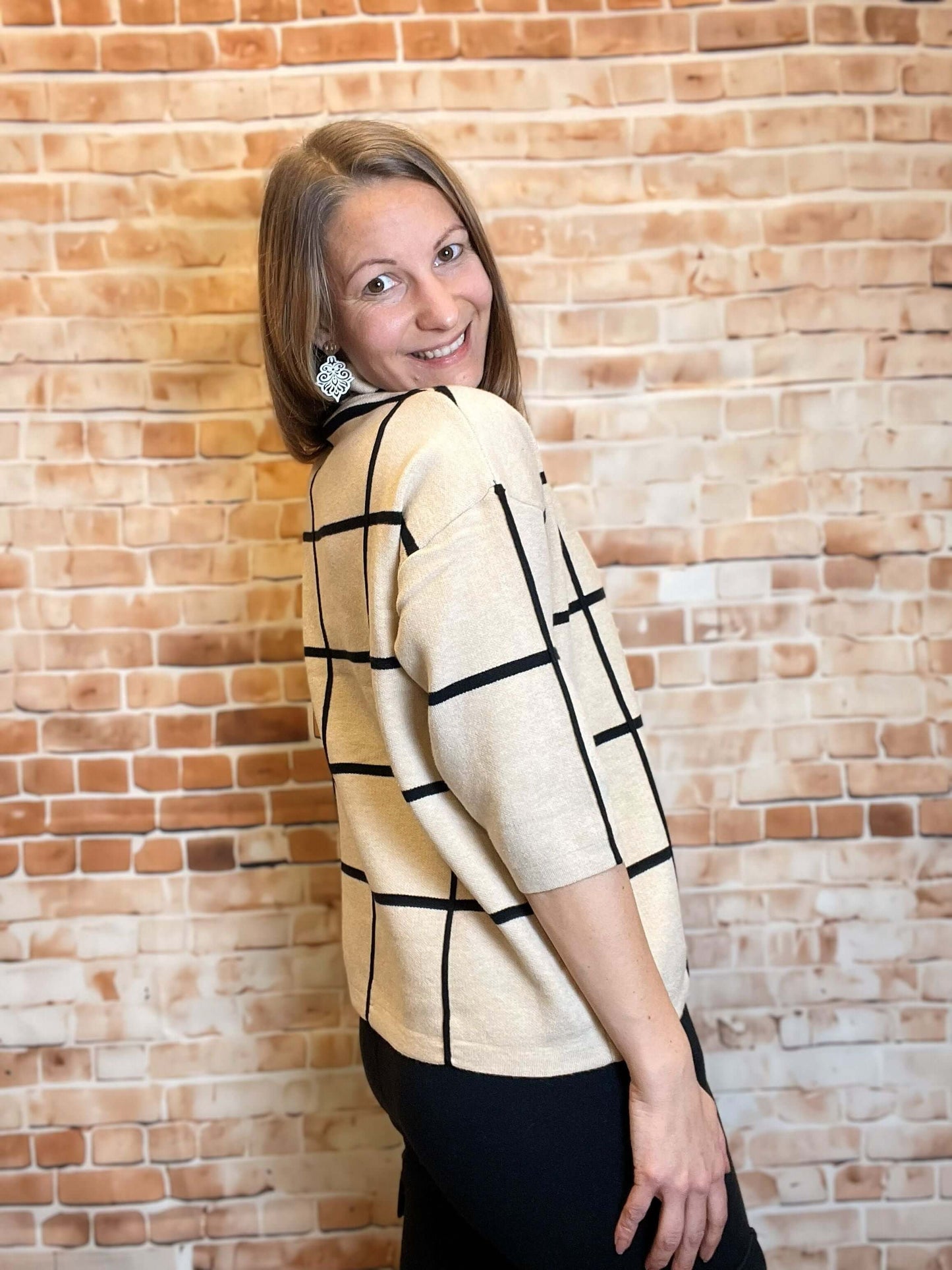 Karierter Stehkragenpullover - kurzarm