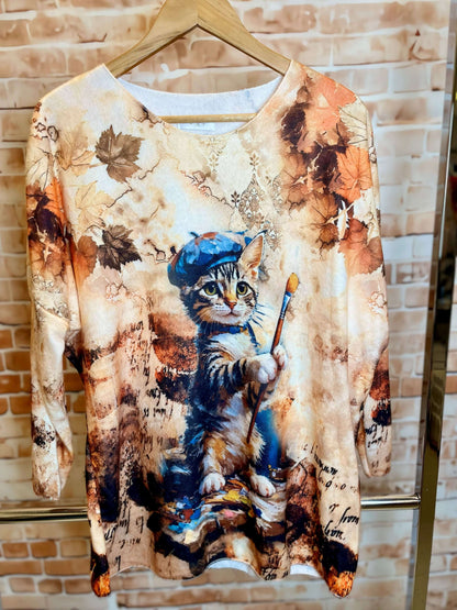 Weiches Langarmshirt/Pullover mit Katzenmotiv - verschiedene Modelle