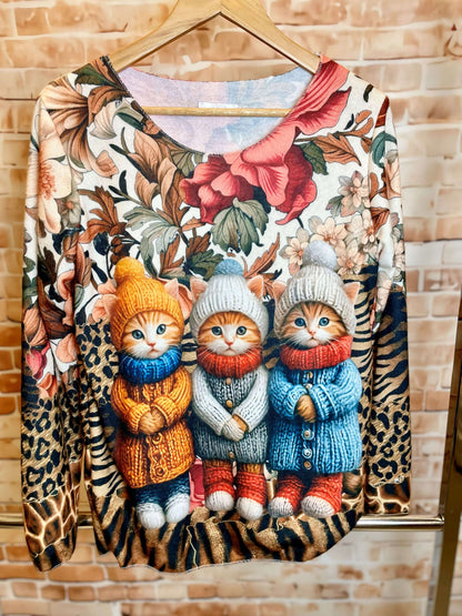Weiches Langarmshirt/Pullover mit Katzenmotiv - verschiedene Modelle