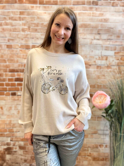 Strickpullover mit Fahrradmotiv & Pailletten
