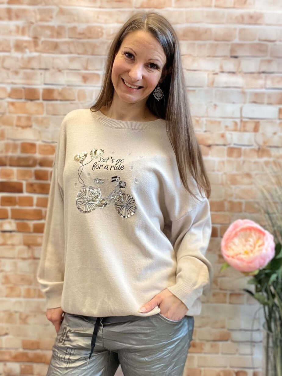 Strickpullover mit Fahrradmotiv & Pailletten