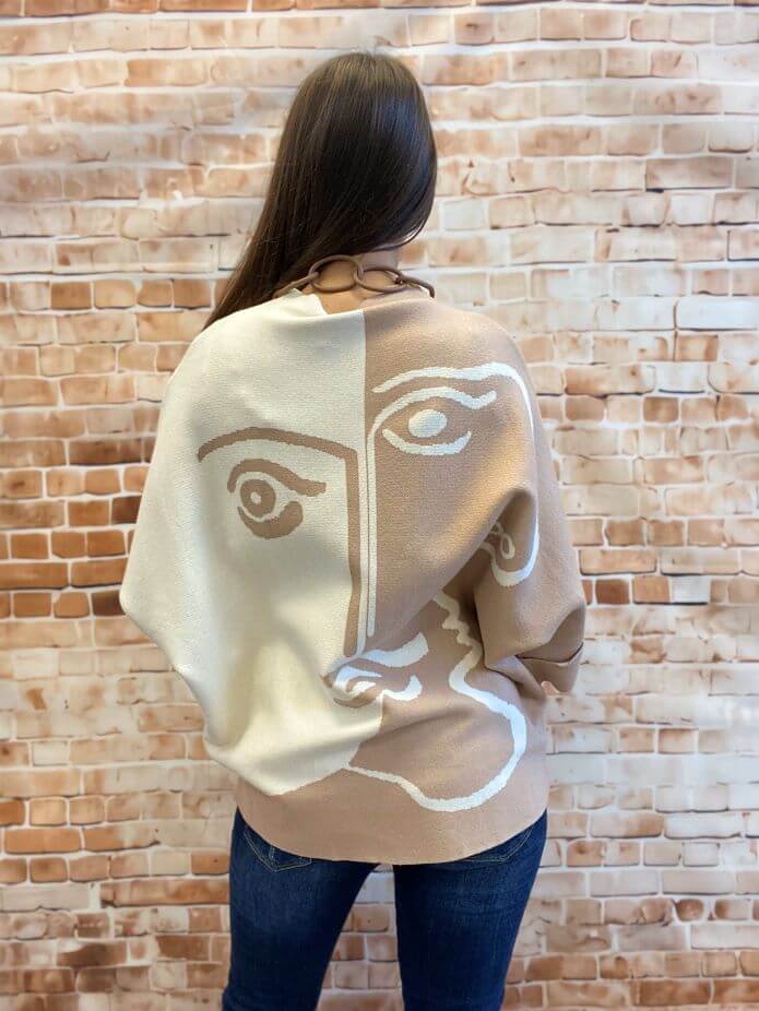 Zweifarbiger Pullover mit Stehkragen und 3/4-Arm