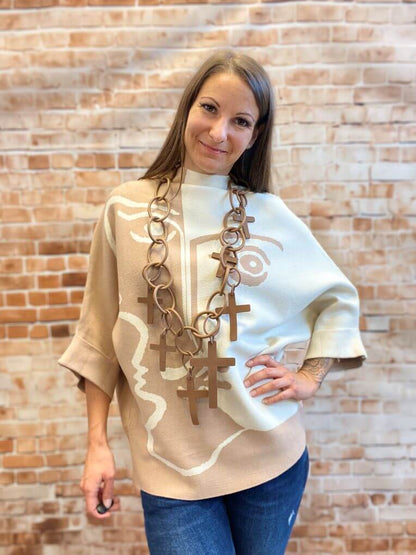 Zweifarbiger Pullover mit Stehkragen und 3/4-Arm