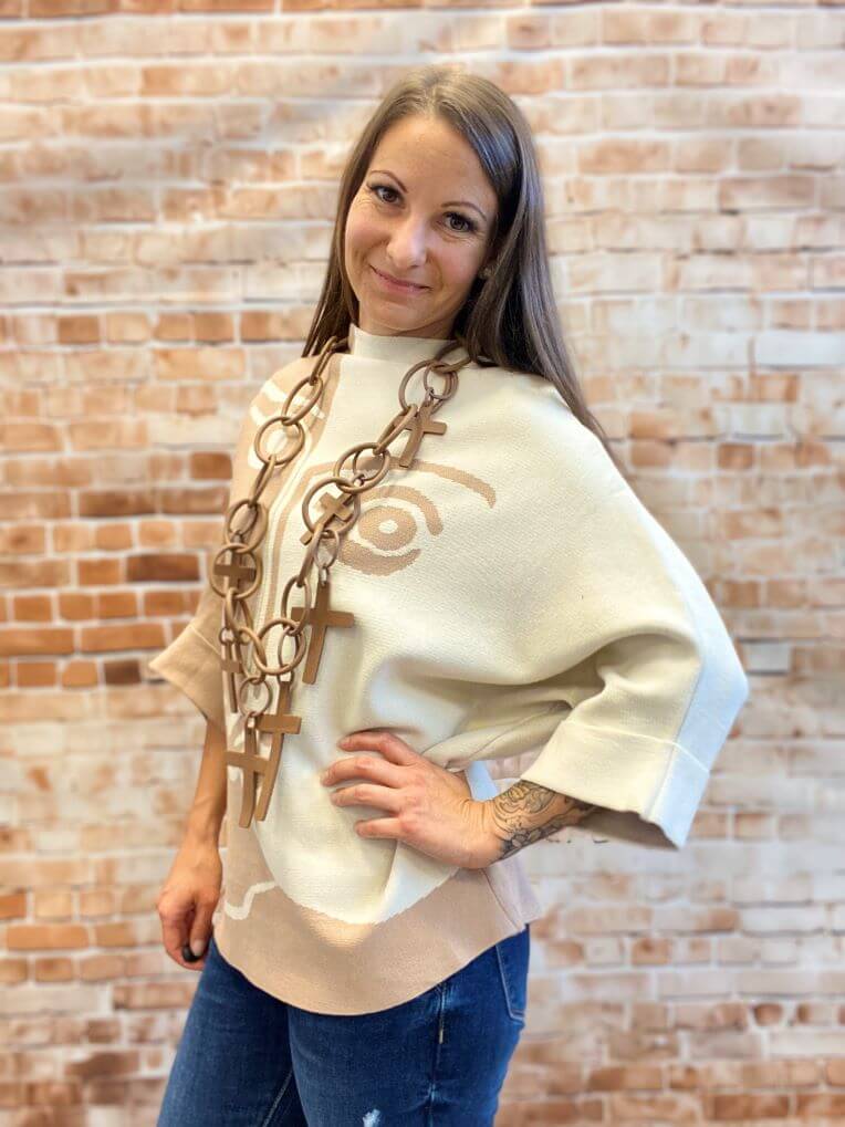 Zweifarbiger Pullover mit Stehkragen und 3/4-Arm