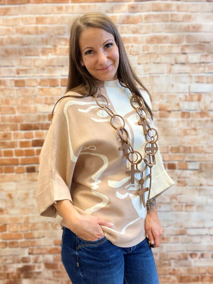 Zweifarbiger Pullover mit Stehkragen und 3/4-Arm