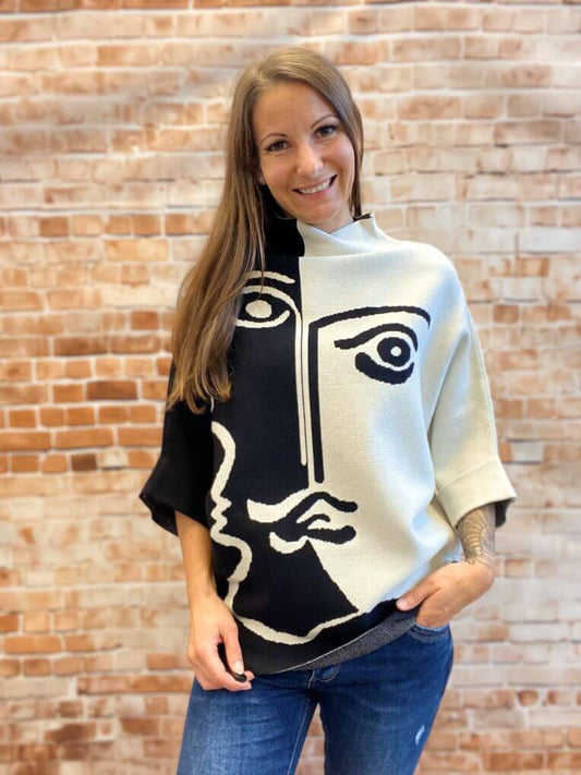 Zweifarbiger Pullover mit Stehkragen und 3/4-Arm