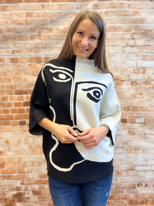 Zweifarbiger Pullover mit Stehkragen und 3/4-Arm