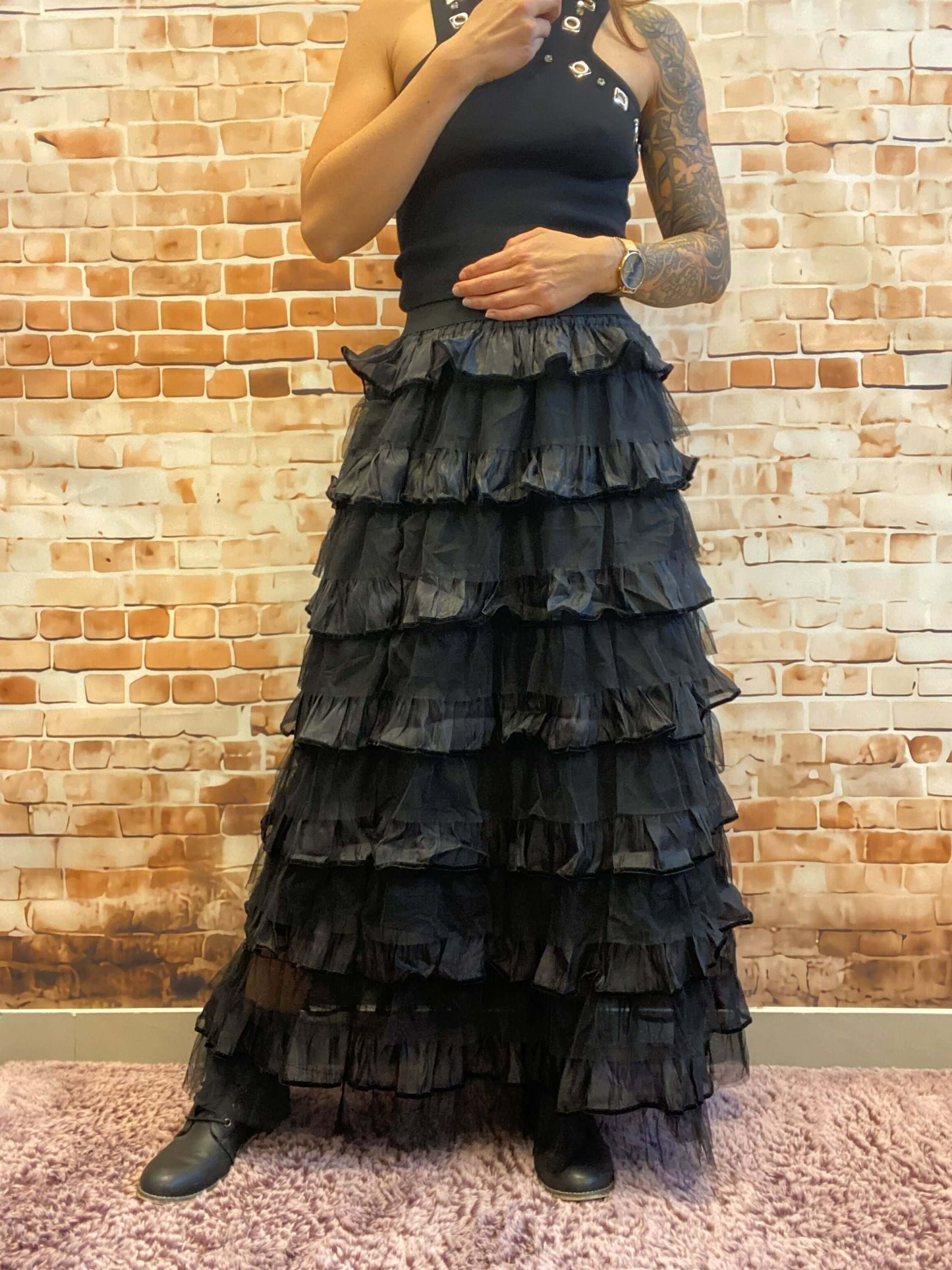 Schwarzer langer Tüllrock - Glänzend