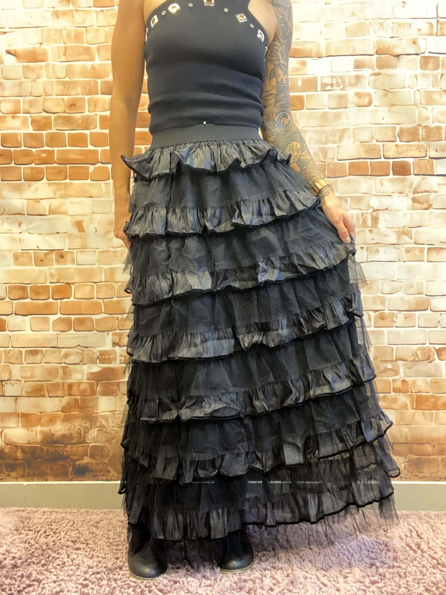Schwarzer langer Tüllrock - Glänzend