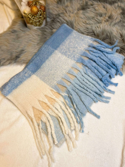 Groß karierter Wollschal mit Fransen - Hellblau