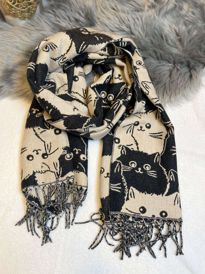 Schal mit großen Katzen - Schwarz/Beige