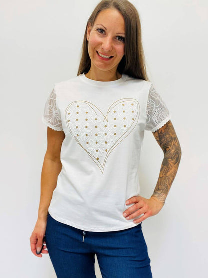 Cremeweißes Kurzarmshirt mit transparenten Ärmeln