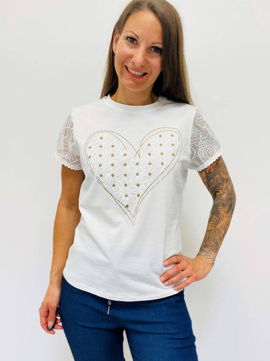 Cremeweißes Kurzarmshirt mit transparenten Ärmeln
