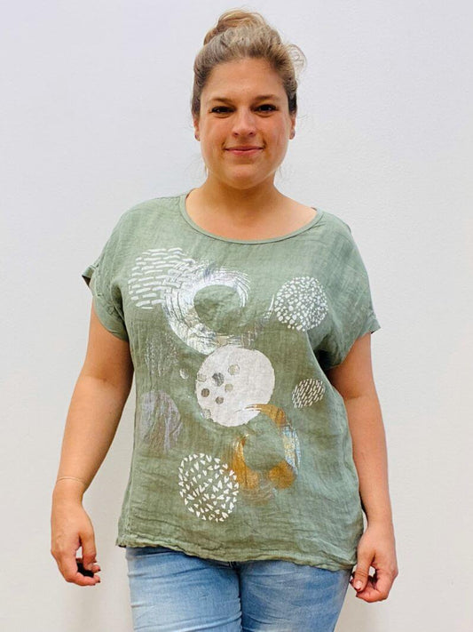Kurzarmshirt aus Leinen mit Aufdruck