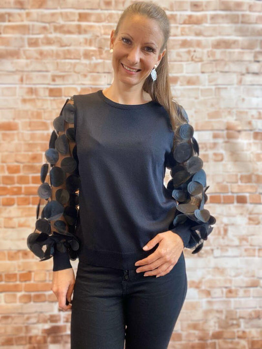 Langarmshirt mit transparenten Ärmeln und runden Aufnähern