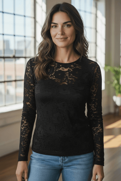 Transparentes Spitzenshirt mit Blumenmuster - langarm