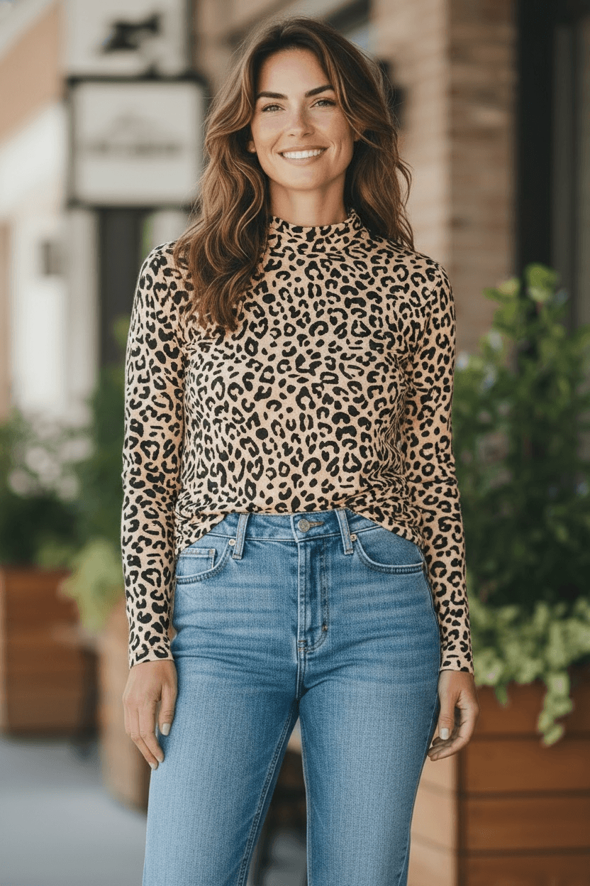 Netzshirt Langarmshirt mit Leopardenmuster