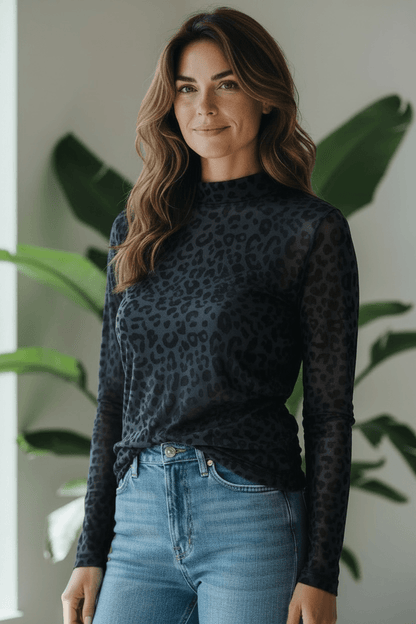 Netzshirt Langarmshirt mit Leopardenmuster
