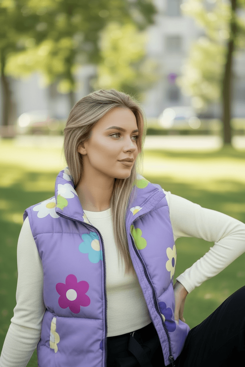 Buntes kurzes Stepp-Gilet mit Blumen