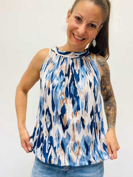 Angenehmes lockeres Neckholder Top - Blau gemustert