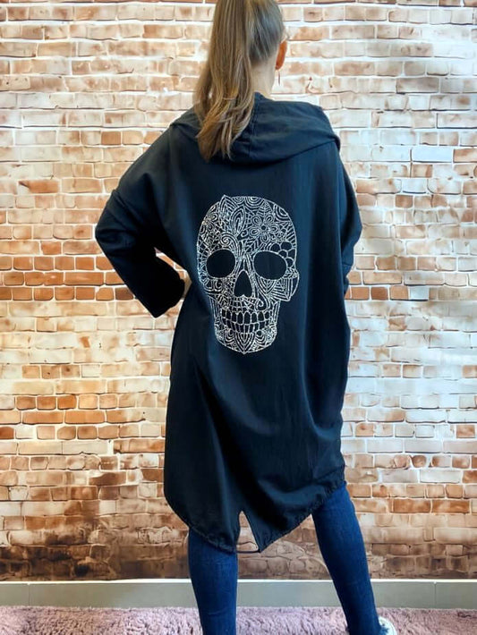 Oversize Kapuzenweste mit Totenkopfmotiv