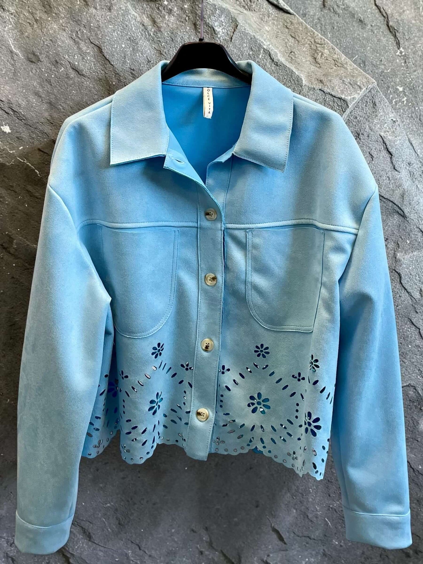 Kurze Veloursjacke mit Blumenmuster - Hellblau