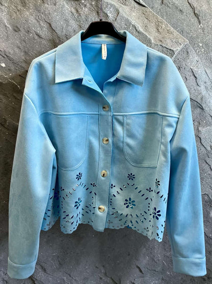 Kurze Veloursjacke mit Blumenmuster - Hellblau