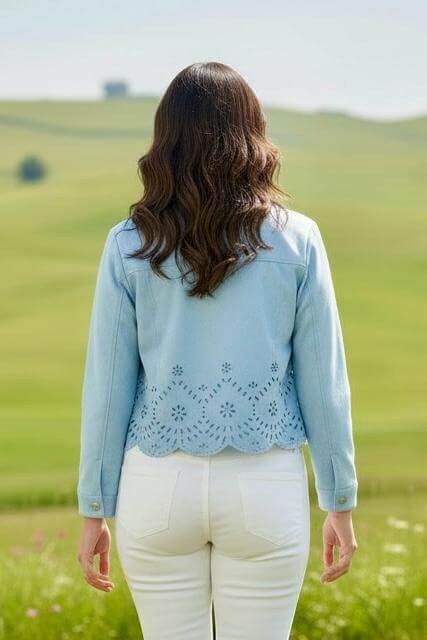 Kurze Veloursjacke mit Blumenmuster - Hellblau