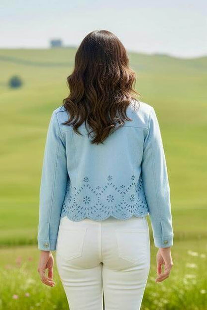 Kurze Veloursjacke mit Blumenmuster - Hellblau