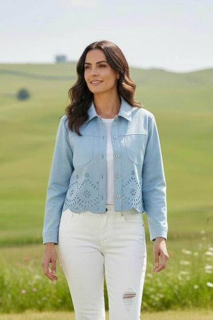 Kurze Veloursjacke mit Blumenmuster - Hellblau